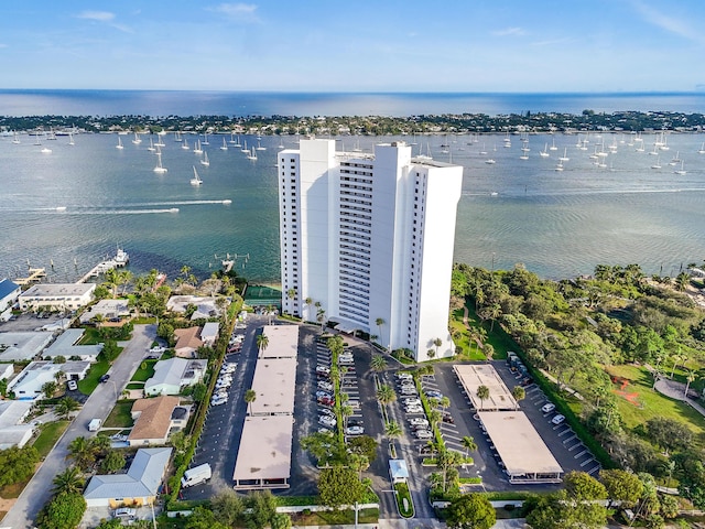 drone / aerial view featuring a water view