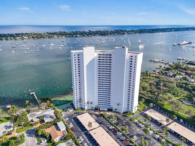 drone / aerial view with a water view