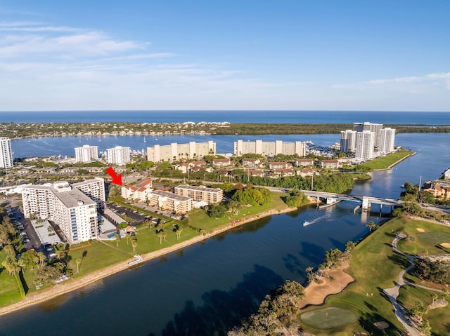 birds eye view of property featuring a water view