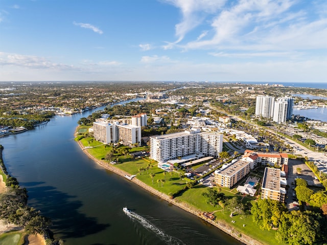 bird's eye view with a water view