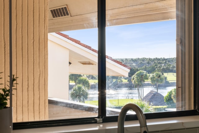 interior details with a water view