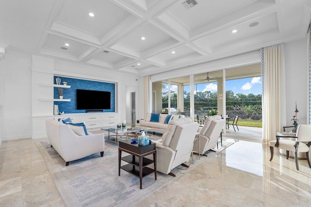 living room featuring crown molding, coffered ceiling, and beam ceiling