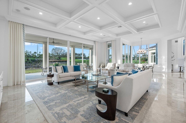 living room with coffered ceiling, beam ceiling, and a notable chandelier