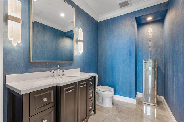 bathroom featuring vanity, an enclosed shower, ornamental molding, and toilet