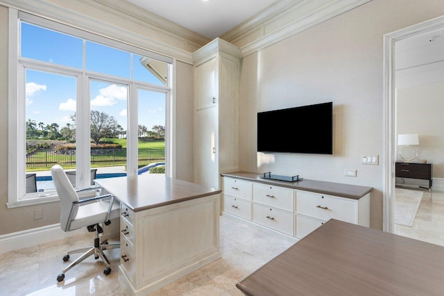 home office with crown molding