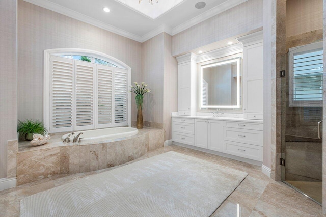 bathroom with independent shower and bath, ornamental molding, and vanity