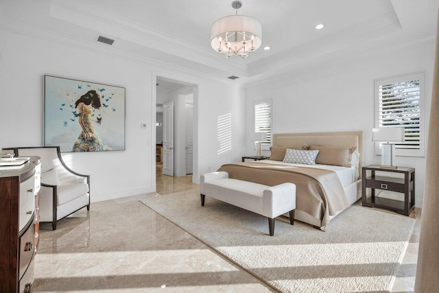 bedroom with crown molding, a tray ceiling, a chandelier, and multiple windows