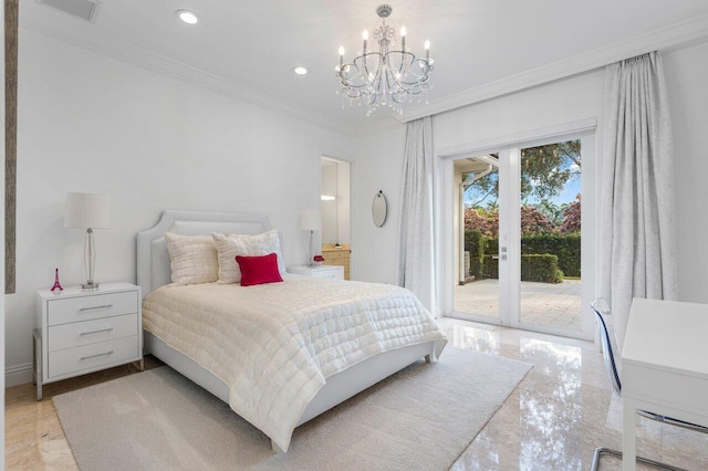 bedroom featuring an inviting chandelier, crown molding, and access to outside