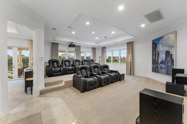 home theater room featuring light carpet, a tray ceiling, and ornamental molding