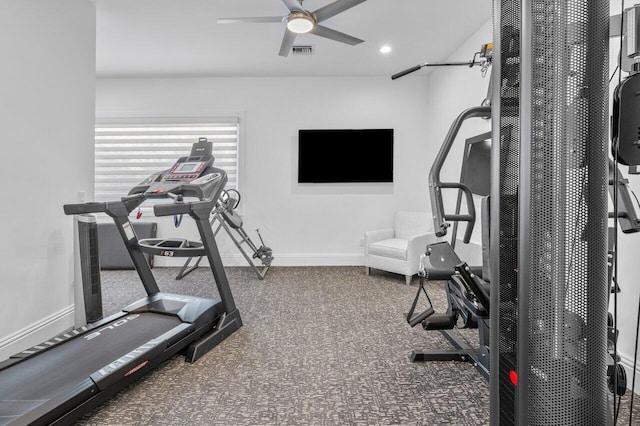 workout room with ceiling fan