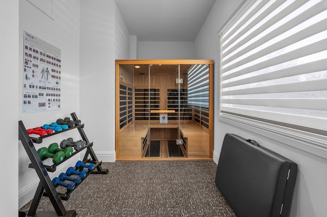 view of sauna featuring carpet floors