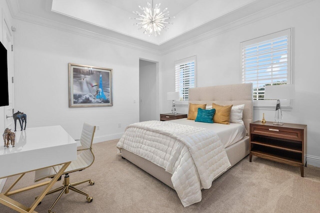 carpeted bedroom featuring multiple windows, crown molding, and a chandelier