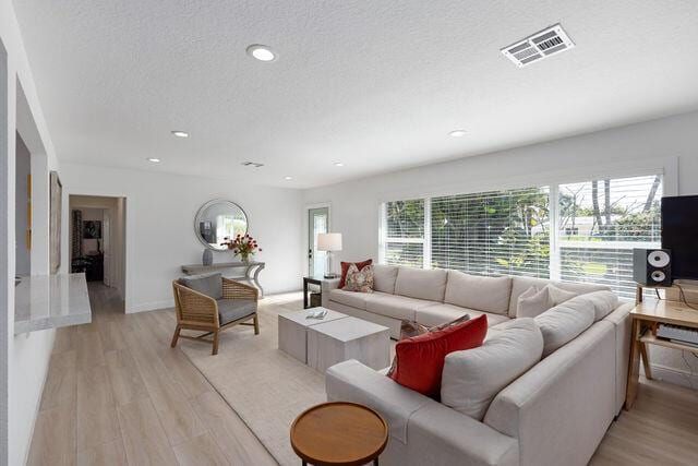 living room with a textured ceiling and light hardwood / wood-style flooring