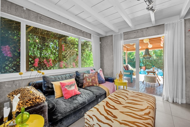 sunroom with beam ceiling