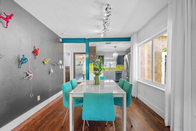 dining space featuring dark hardwood / wood-style floors, sink, and rail lighting