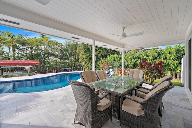 view of swimming pool with a patio and ceiling fan