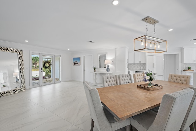 dining room featuring visible vents, marble finish floor, recessed lighting, and crown molding