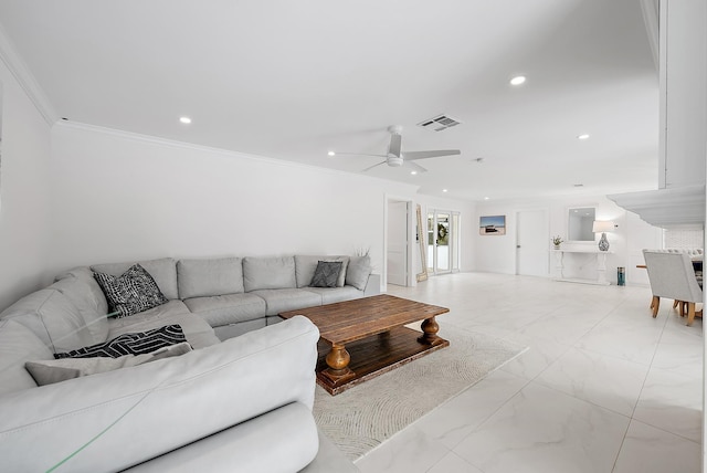living room with visible vents, recessed lighting, marble finish floor, ceiling fan, and crown molding