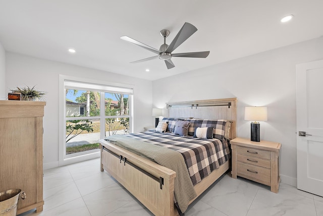 bedroom with recessed lighting, a ceiling fan, and baseboards