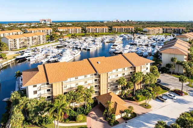 drone / aerial view with a water view