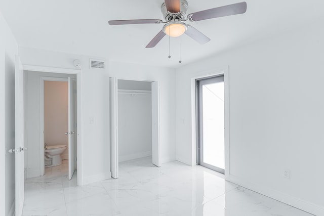 unfurnished bedroom with a closet and ceiling fan