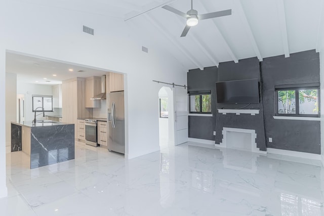 living room with beamed ceiling, a healthy amount of sunlight, a barn door, and sink