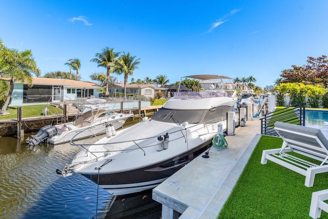 dock area featuring a yard, a water view, and a residential view