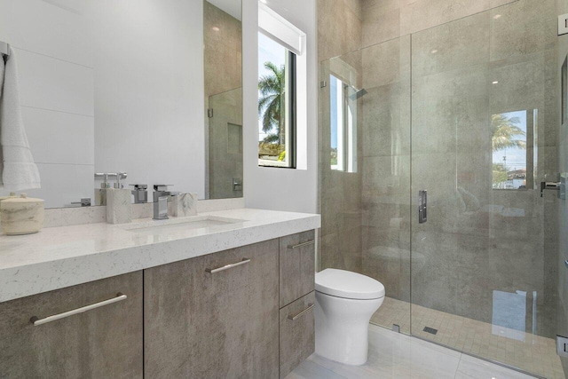 full bath with vanity, a shower stall, and toilet