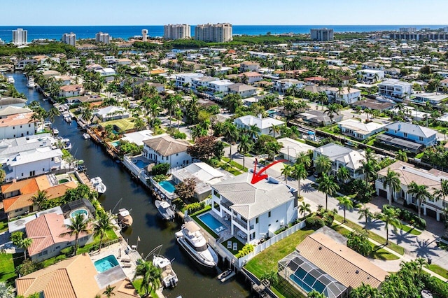 aerial view featuring a water view