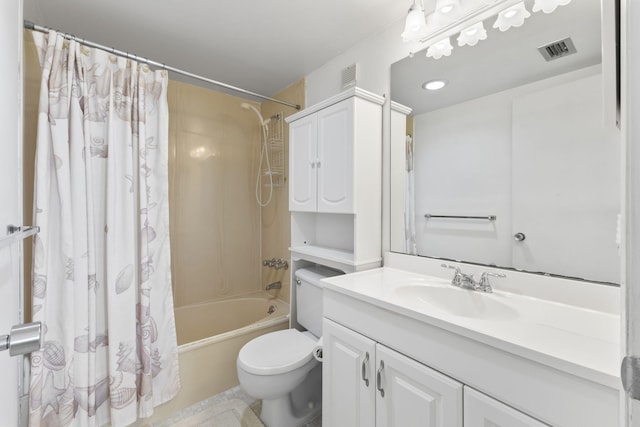 full bathroom with shower / tub combo, vanity, and toilet