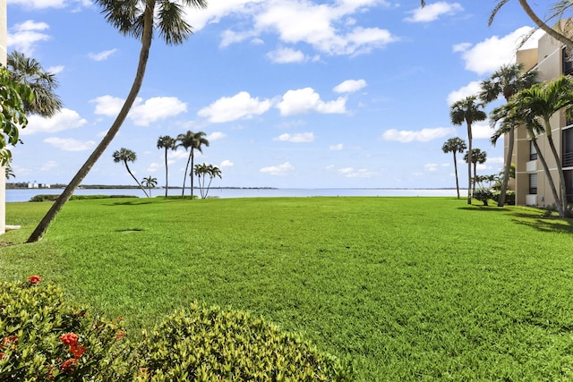 view of yard with a water view