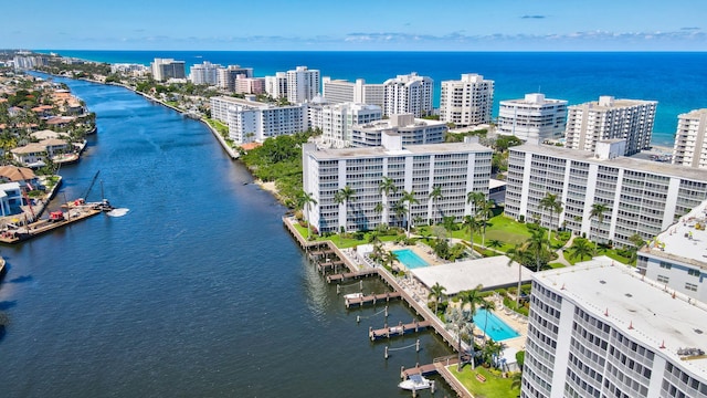 birds eye view of property featuring a water view