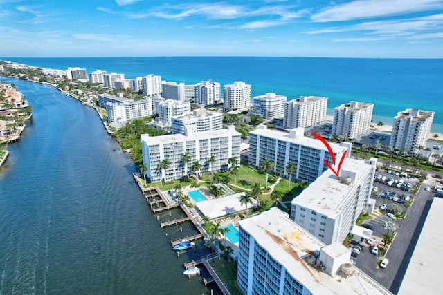 bird's eye view with a water view