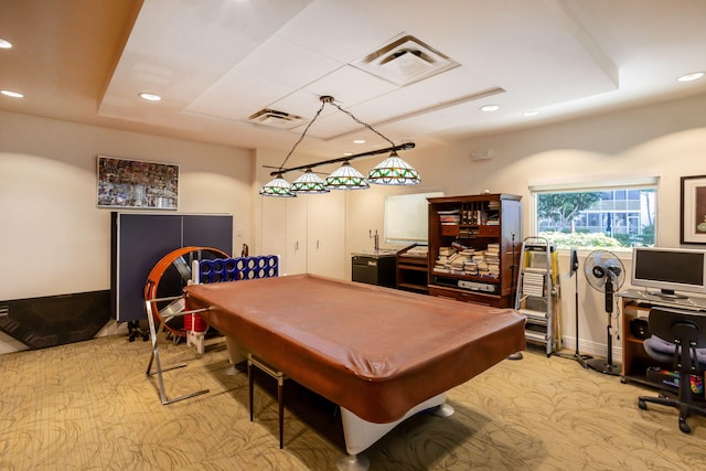 game room featuring light carpet, pool table, and a raised ceiling