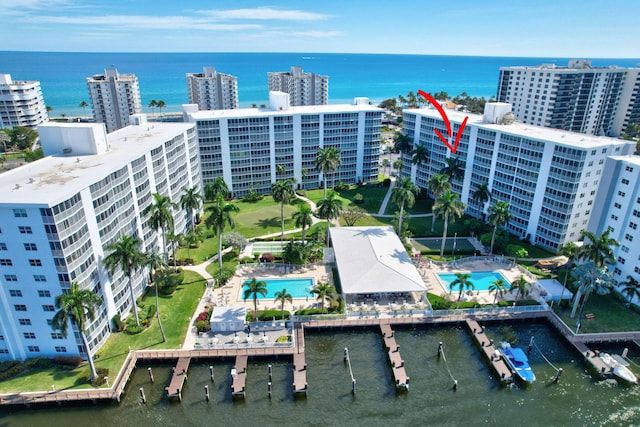 bird's eye view featuring a water view