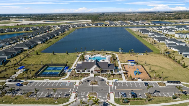 aerial view featuring a water view