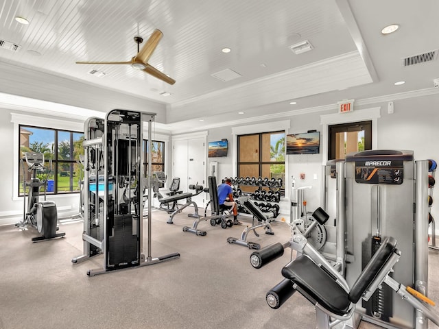 workout area with ornamental molding and ceiling fan