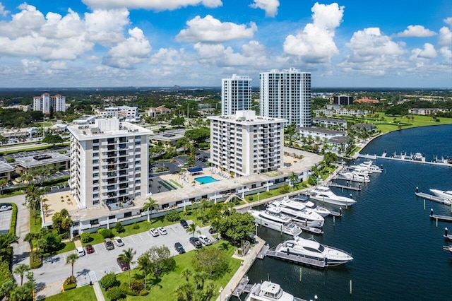 bird's eye view with a water view