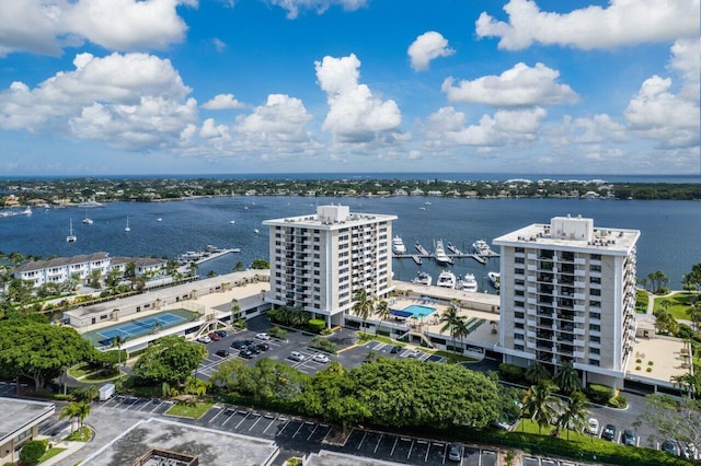 drone / aerial view with a water view