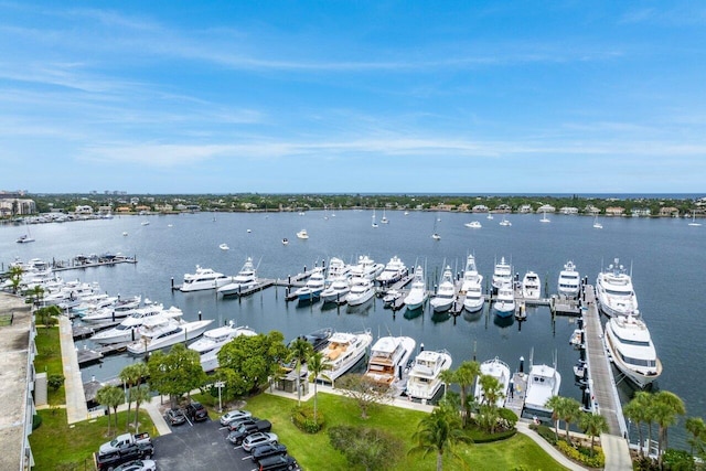 exterior space with a water view