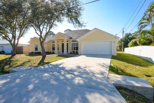 ranch-style house with a garage and a front yard