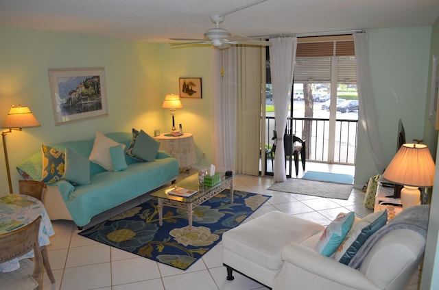 tiled living room featuring ceiling fan