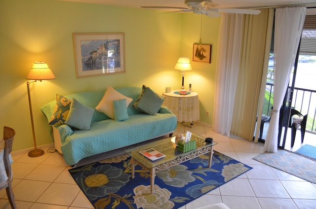 living room with light tile patterned floors and ceiling fan