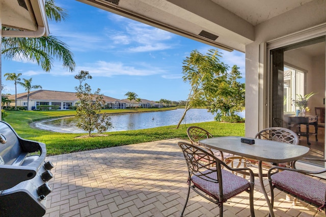 view of patio / terrace with a water view