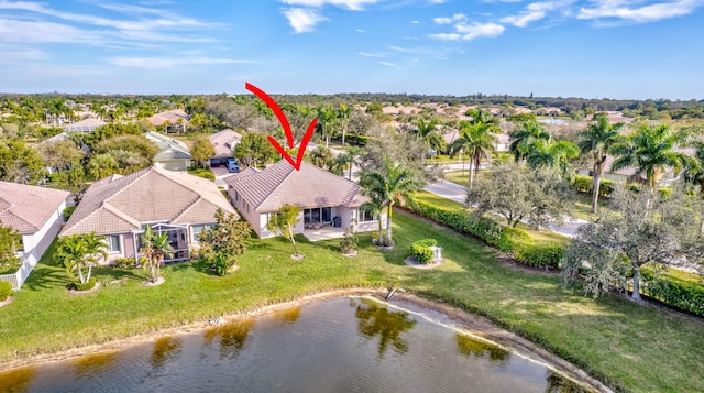 drone / aerial view featuring a water view