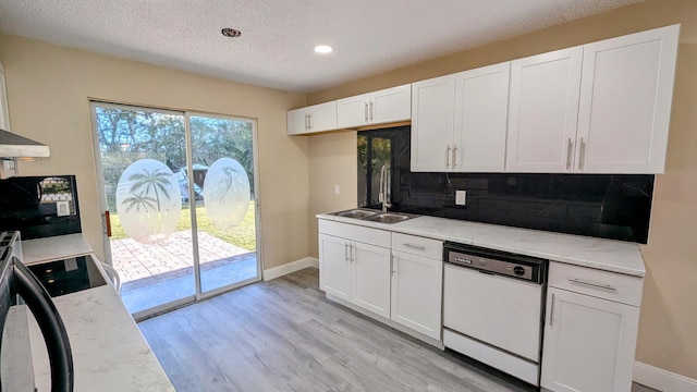 kitchen featuring white cabinetry, sink, white dishwasher, and decorative backsplash