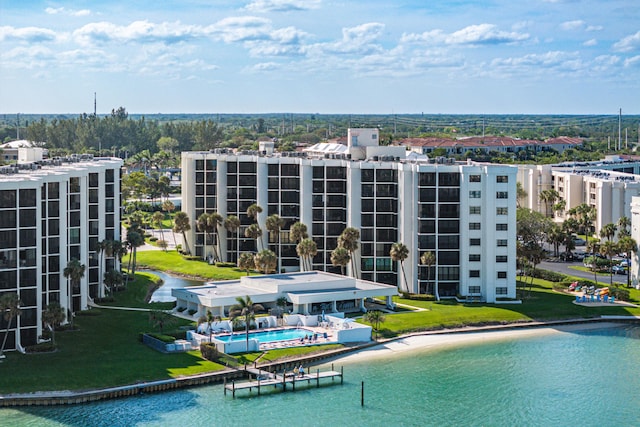 birds eye view of property featuring a water view