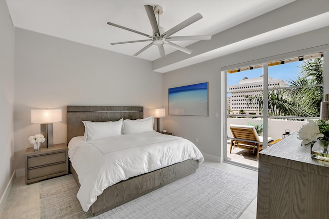 bedroom featuring access to exterior and ceiling fan