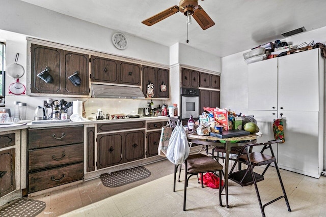 kitchen featuring dark brown cabinetry, stainless steel appliances, and ceiling fan