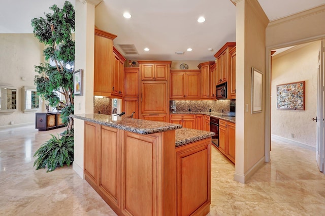 kitchen featuring dark stone countertops, ornamental molding, kitchen peninsula, decorative backsplash, and black appliances